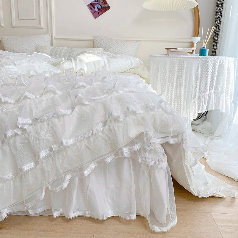 40S Satin Jacquard Cotton Princess Wedding Bedding Set Multi-layer Lace Duvet Cover Set Quilt Cover Bed Comforter Set Bed Skirt