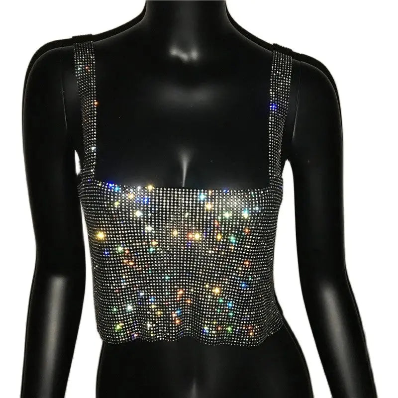 Oklulu  Glitter Nightclub Backless Rhinestone Tank Top Women Sexy Metal Crystal Diamonds Sequined Night Club Party Wear Crop Top