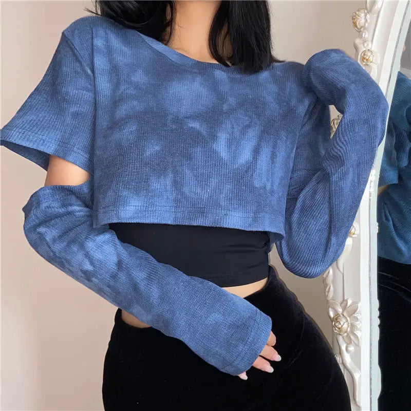 Oklulu Tie Dye T-shirts Women Blue Removable Sleeve Trendy Korean Style Chic Club Streetwear Popular Female Crop Top Ins Sexy Slim Tee