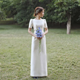 OKLULU  -  New White Satin Bride Dress Long Wedding Dress Simple Short Sleeve Simple Bridal Gowns Robe De Mariee