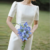 OKLULU  -  New White Satin Bride Dress Long Wedding Dress Simple Short Sleeve Simple Bridal Gowns Robe De Mariee