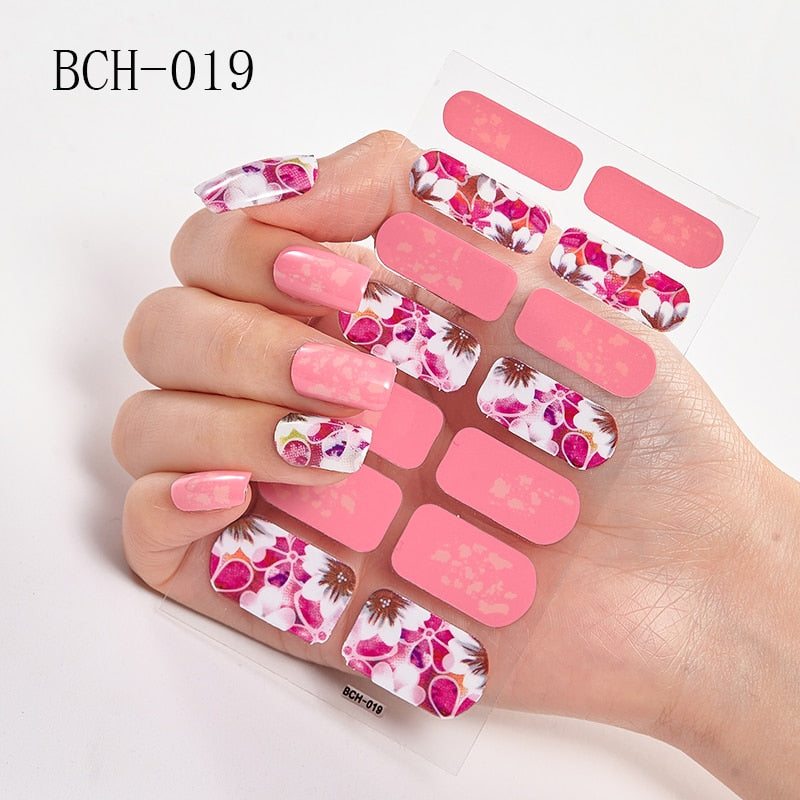 New Arrival Japanese Fashion Designers Nail Stickers Nail Wraps Full Cover Self-Adhesive 14Tips Flower Waterproof Nail Art Decor