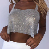 Oklulu  Glitter Nightclub Backless Rhinestone Tank Top Women Sexy Metal Crystal Diamonds Sequined Night Club Party Wear Crop Top