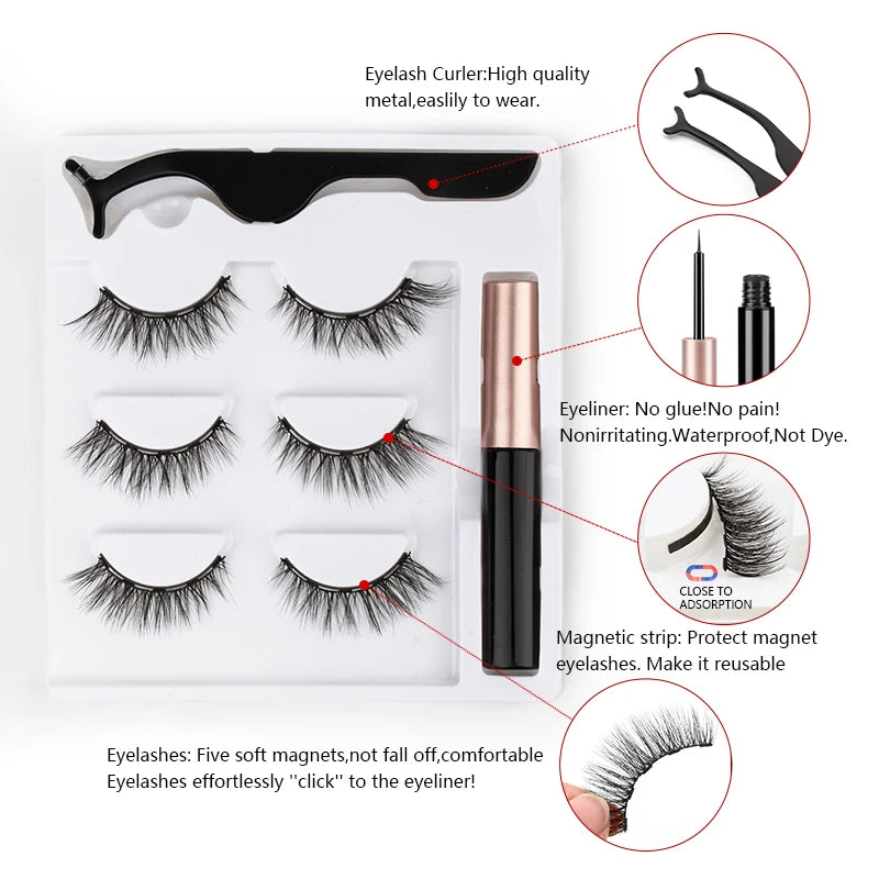 OKLULU  -  Magnetic Eyelashes 3D Mink Eyelashes Magnetic Eyeliner Magnetic 3D Lash Short False Lashes Lasting Handmade Eyelash Makeup Tools