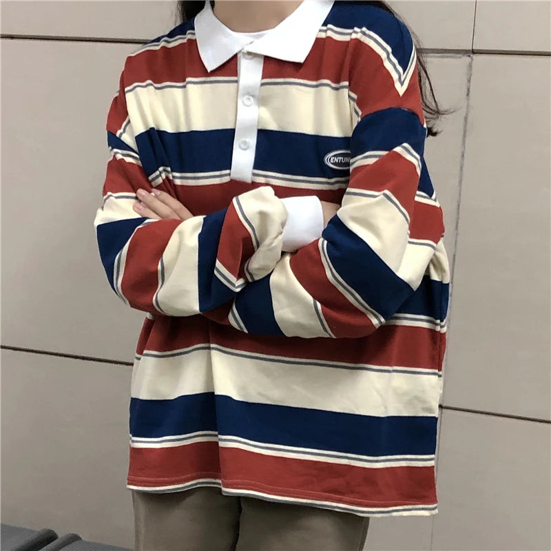 Oklulu Retro Striped Hit Color Sweatshirt Polo Collar Pullover Female Oversized Sweatshirt Harajuku Style Ladies Vintage Preppy Top
