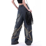 concert outfit Five-Pointed Star Design Jeans Men's and Women's American-Style Retro Pocket Frayed Distressed Washed High Street Workwear Wide-Leg Trousers