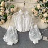 music video dress to impress French Style Retro Mesh Lace Top Women's Stand Collar Three-Dimensional Embroidered Puff Sleeve Court Style Slim Fit Slimming Shirt Women