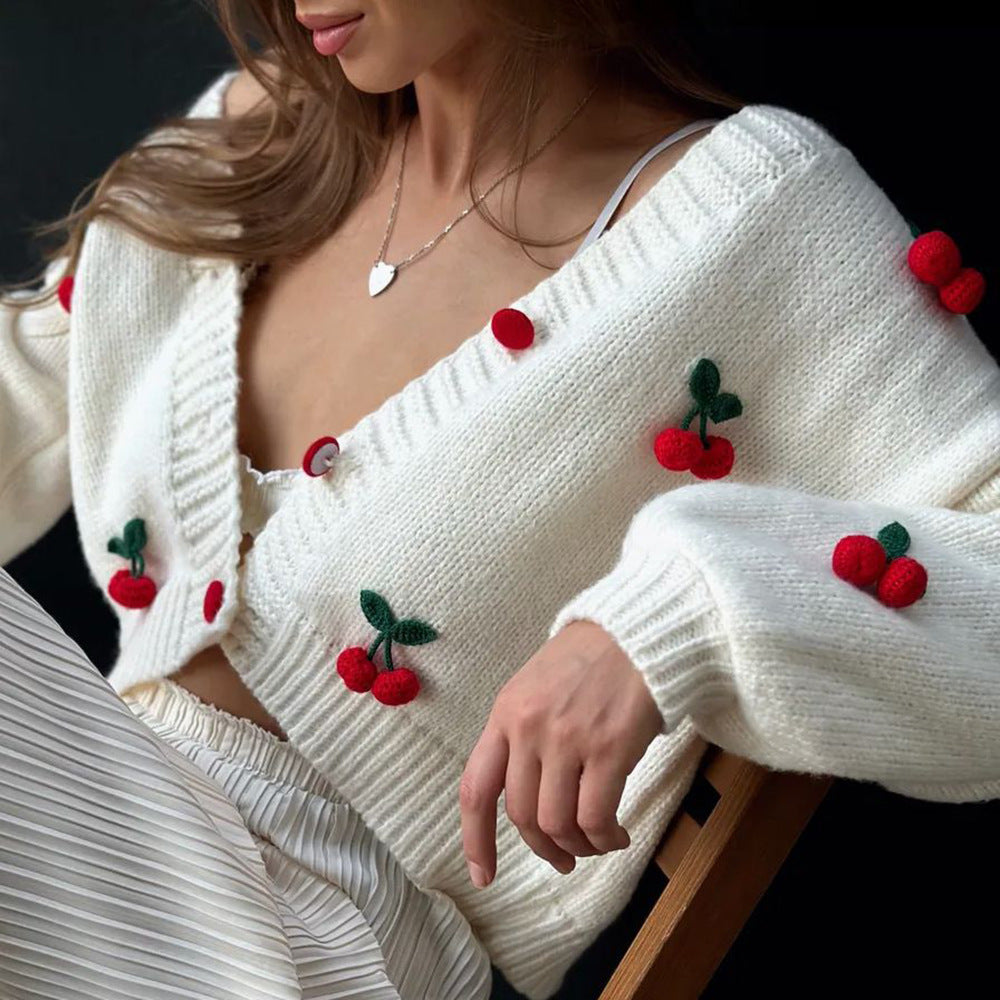 outfit inspo Cherry Three-Dimensional Decorative Cardigan Sweater Loose Women's Fashion All-Match V-neck Autumn Outer Wear High-Grade Women's Sweater