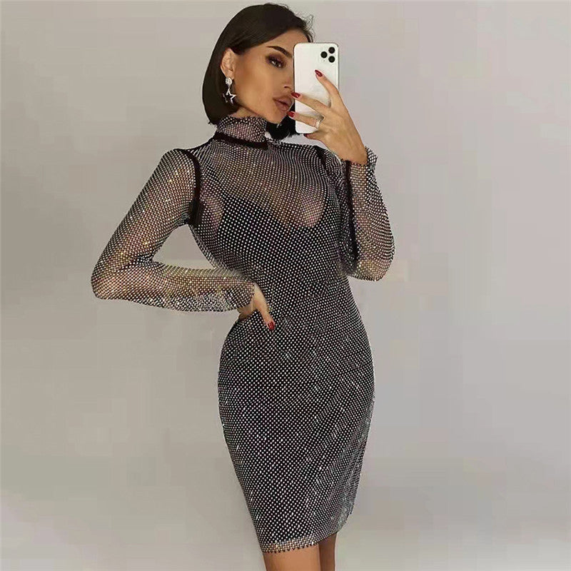 avant garde dress to impress Sexy Turtleneck Hot Drilling AB Color Diamond Shiny Perspective Grid Dress New Party Dress