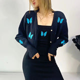 2000s fashion 2024 Autumn and Winter New Casual Short Butterfly Embroidered Lantern Sleeve Knitted Sweater Cardigan Coat