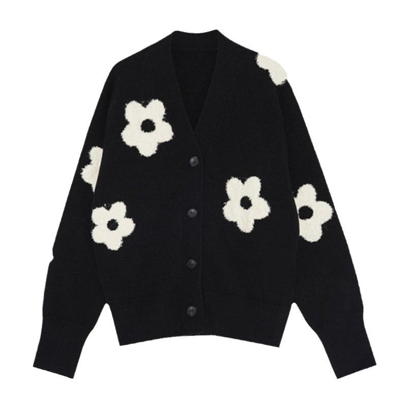 teacher outfits 2024 Korean Style Autumn and Winter New Sweater Women's V-neck Fashion Cardigan Mosaic Flower Sweater Women's Casual Coat