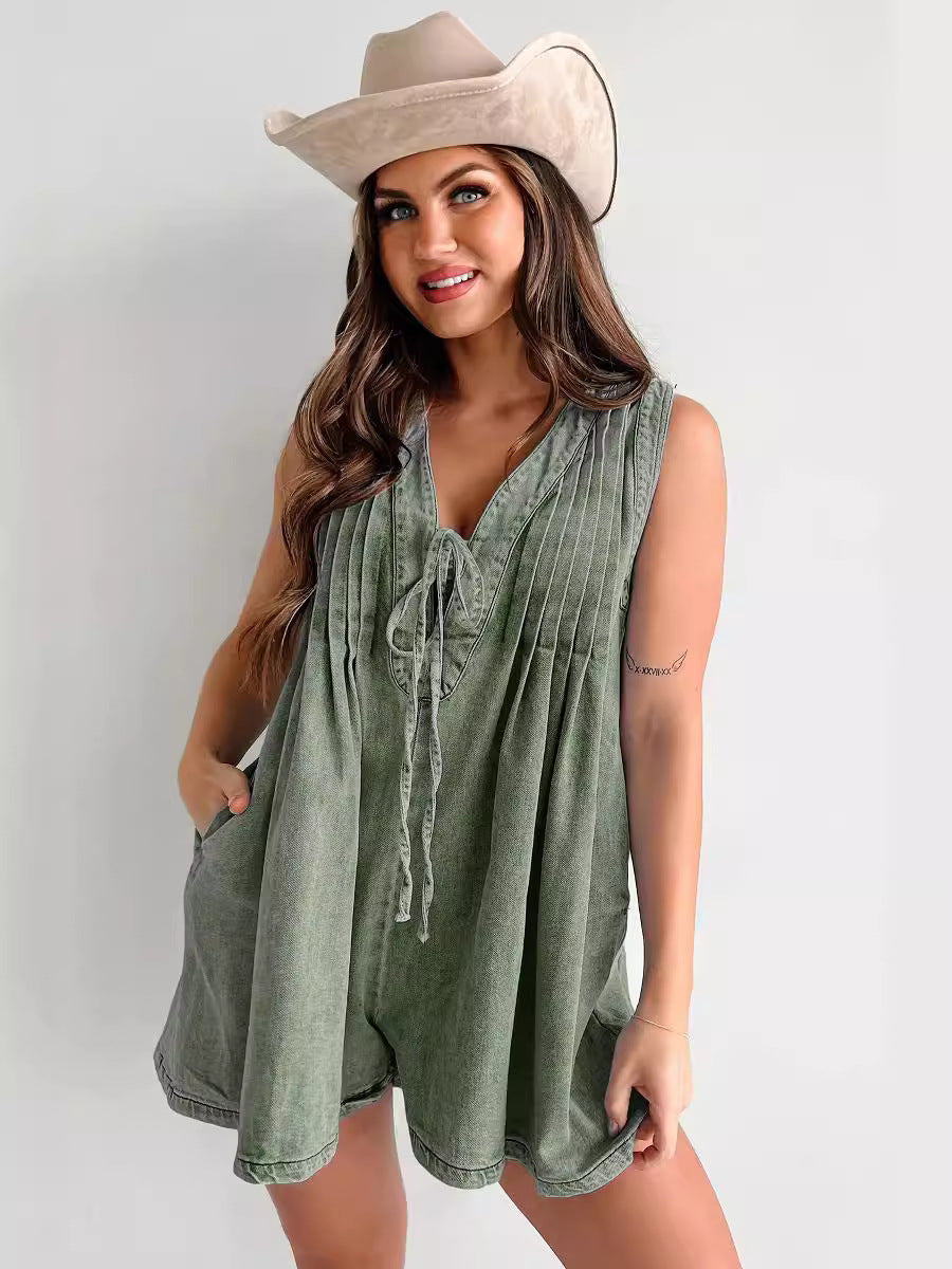 country concert outfit Summer 2024 New Street Hipster Sleeveless Short-Sleeved Shorts Denim Jumpsuit