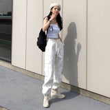 going out outfits Street Retro High Waist Slimming Large Pocket Drawstring Overalls Straight Casual Pants Ankle-Tied Pants Trousers for Women