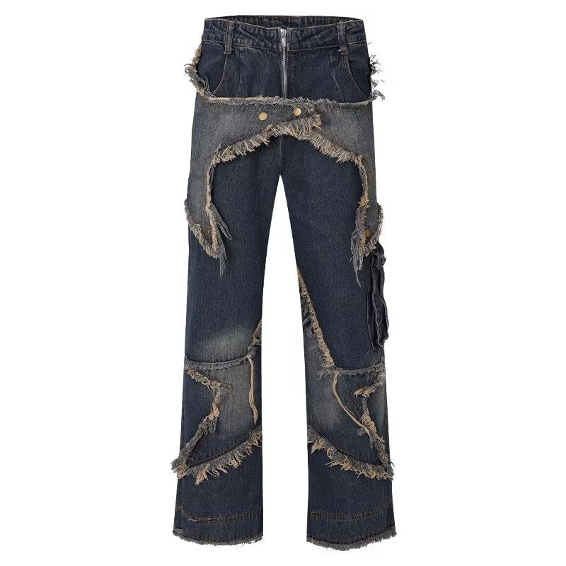 concert outfit Five-Pointed Star Design Jeans Men's and Women's American-Style Retro Pocket Frayed Distressed Washed High Street Workwear Wide-Leg Trousers