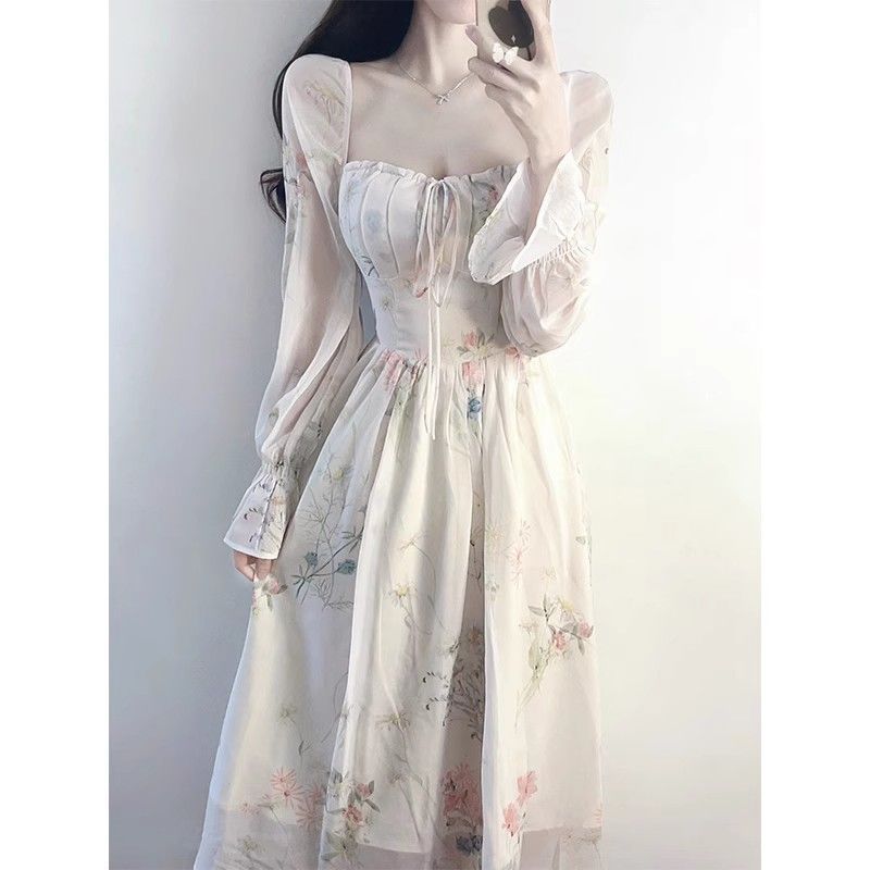 cybergoth dress to impress Spring Women's 2024 New Floral Chiffon Tea Break Sweet Gentle Style Long Sleeve French Princess on the Run Dress