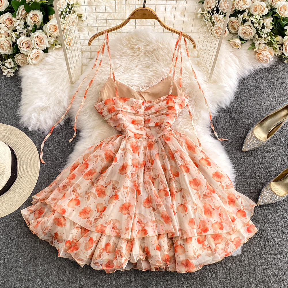 jester dress to impress Sweet Chiffon Flower Color Stitching Lace with Chest Pad Orange Sleeveless Pullover A- line Sling Dress