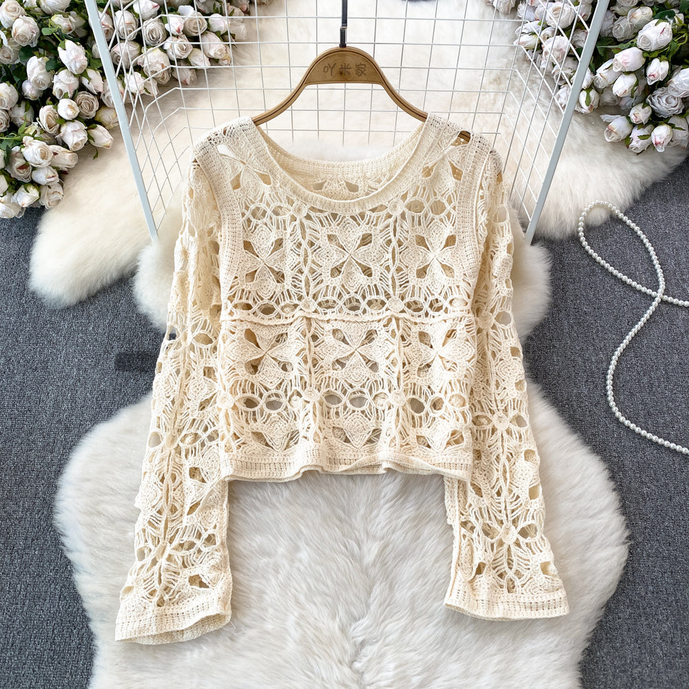 outfit inspo Long Sleeve Round Neck Hollow-out Crocheted Sweet Sweater Korean Style round Neck Fashion Casual Seaside Vacation Long Sleeve Top for Women