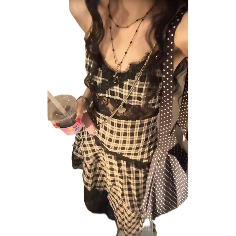 urban legends dress to impress Black and White Plaid Lace Stitching Dress Irregular Strap Dress Women's Summer Jeans Stacked Hot Girl Skirt