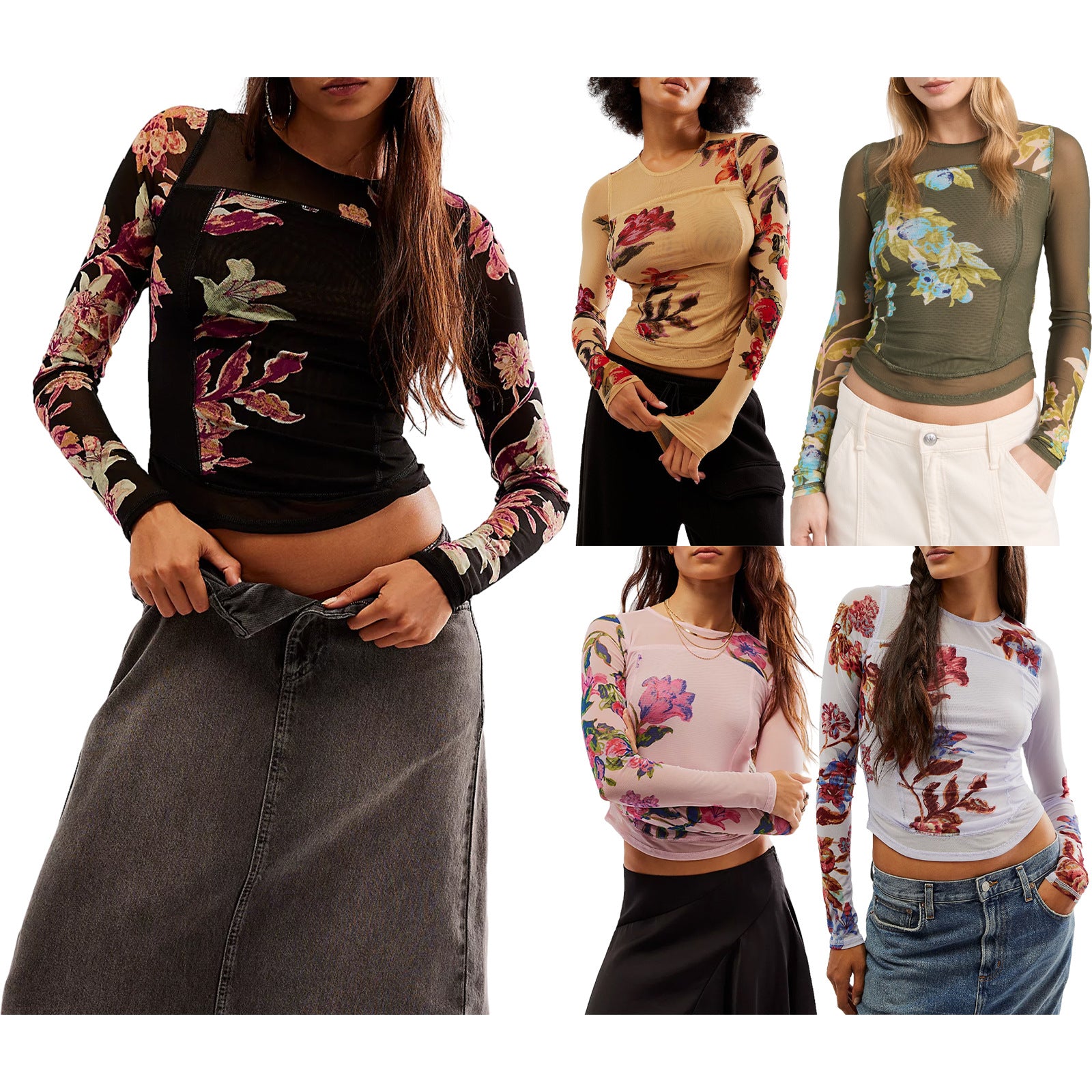 barn jacket outfits 2024 New Hot-Selling Mesh Double-Layer Spring and Summer Digital Printing Flower Hot-Selling Slim-Fit Long-Sleeved T-shirt for Women