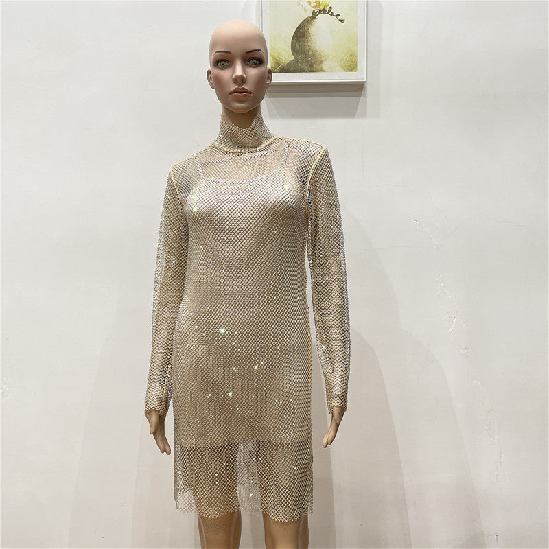 avant garde dress to impress Sexy Turtleneck Hot Drilling AB Color Diamond Shiny Perspective Grid Dress New Party Dress