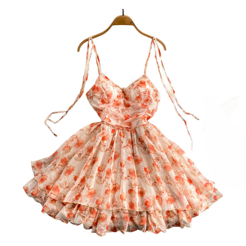 jester dress to impress Sweet Chiffon Flower Color Stitching Lace with Chest Pad Orange Sleeveless Pullover A- line Sling Dress