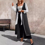 uniforms dress to impress Women's Fashionable Casual Long Contrast Color Cardigan Lace-up Side Slit Top Wide Leg Trousers Suit