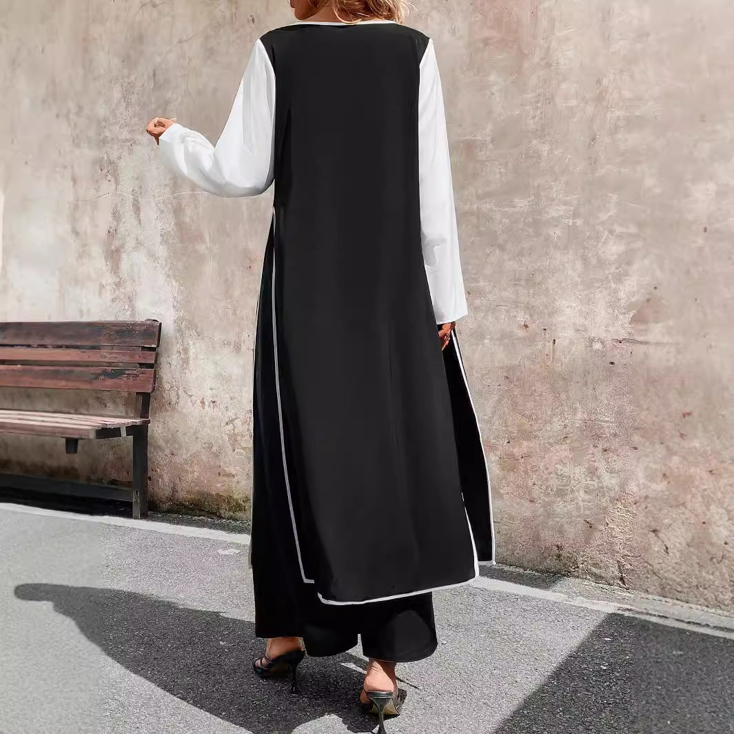 uniforms dress to impress Women's Fashionable Casual Long Contrast Color Cardigan Lace-up Side Slit Top Wide Leg Trousers Suit