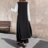 uniforms dress to impress Women's Fashionable Casual Long Contrast Color Cardigan Lace-up Side Slit Top Wide Leg Trousers Suit