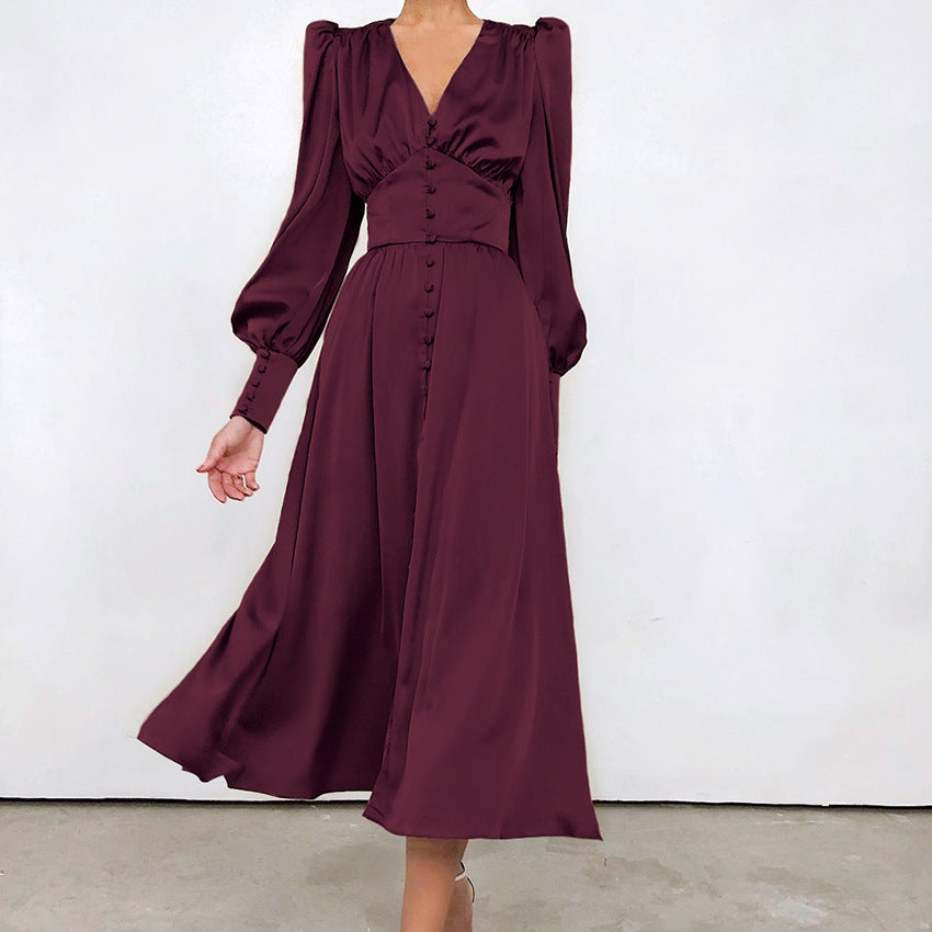 pop culture dress to impress 2024 Autumn and Winter Women's Long Dress V-neck Satin Court Waist-Tight Retro Dress Women