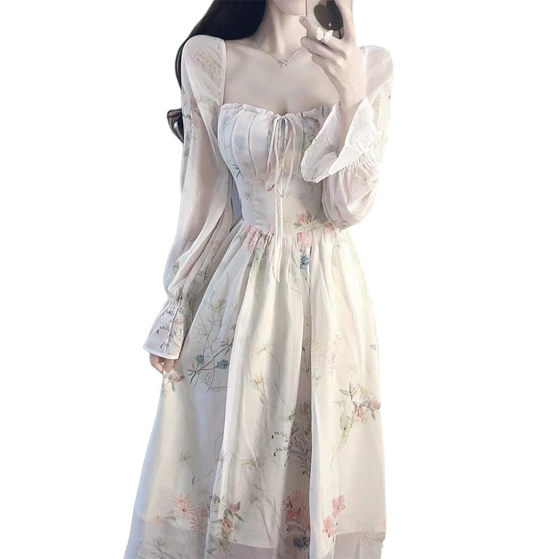 cybergoth dress to impress Spring Women's 2024 New Floral Chiffon Tea Break Sweet Gentle Style Long Sleeve French Princess on the Run Dress