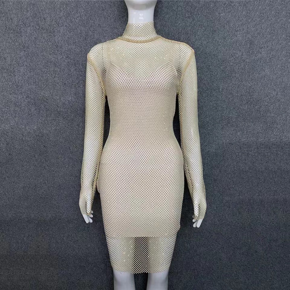 avant garde dress to impress Sexy Turtleneck Hot Drilling AB Color Diamond Shiny Perspective Grid Dress New Party Dress