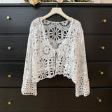 outfit inspo Bohemian Ethnic Style Hollow-out Crocheted Thin Long-Sleeved Knitted Cardigan Women's Summer Lace-up Top   