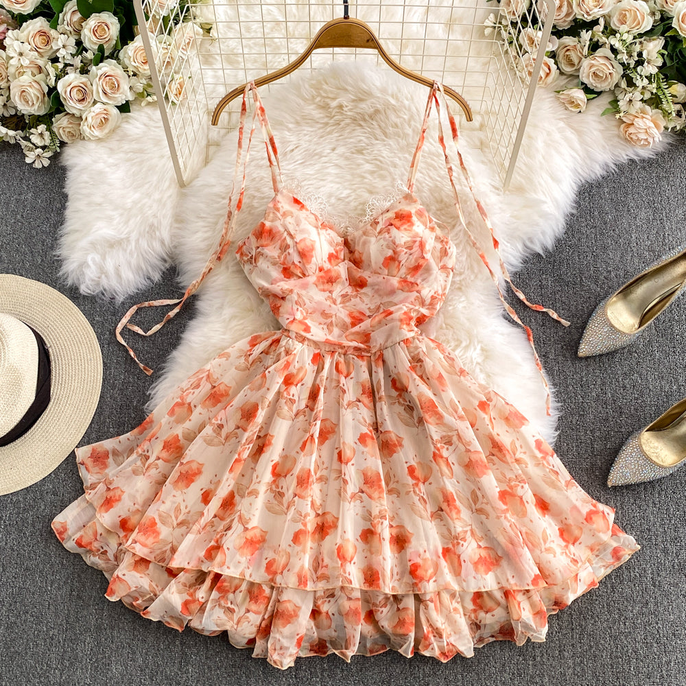 jester dress to impress Sweet Chiffon Flower Color Stitching Lace with Chest Pad Orange Sleeveless Pullover A- line Sling Dress