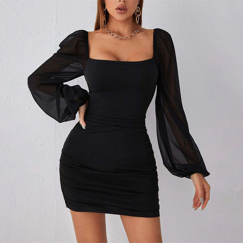 jester dress to impress Square Collar Sexy Elegant Hip Skirt Women's Mesh Stitching Long Sleeve Pleated Slim Fit Dress Women