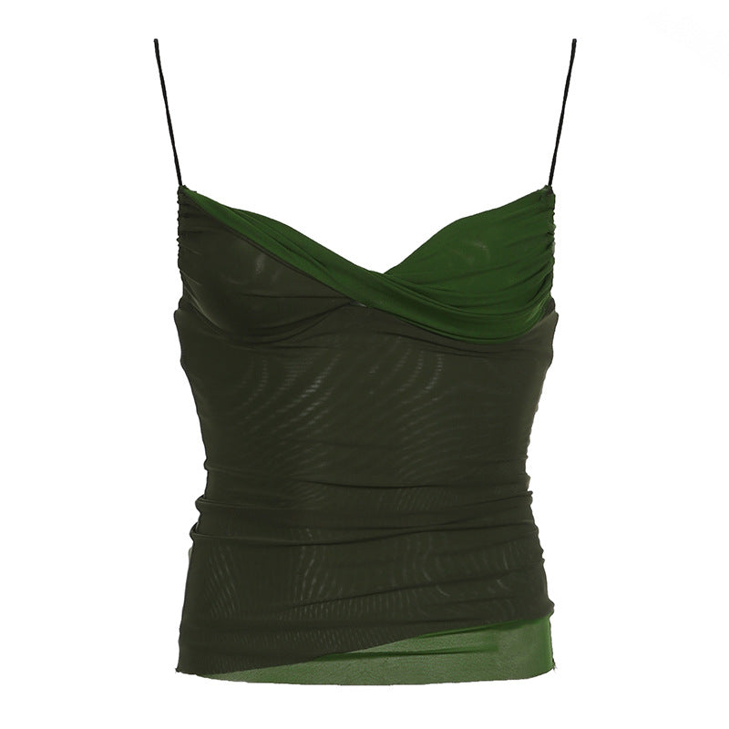 dream clothes Millennium Hot Girl Style Retro Green Mesh Stitching Camisole Ins Fresh Contrast Color V-neck Slim Top for Women