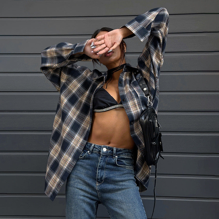 outfit inspo Casual Contrast Color Plaid Shirt Women's 2024 Autumn Oversize Loose Mid-Length Cardigan Shirt