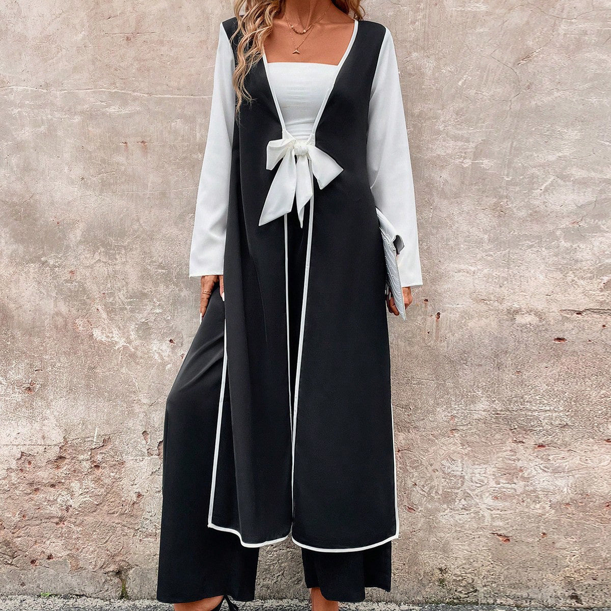 uniforms dress to impress Women's Fashionable Casual Long Contrast Color Cardigan Lace-up Side Slit Top Wide Leg Trousers Suit