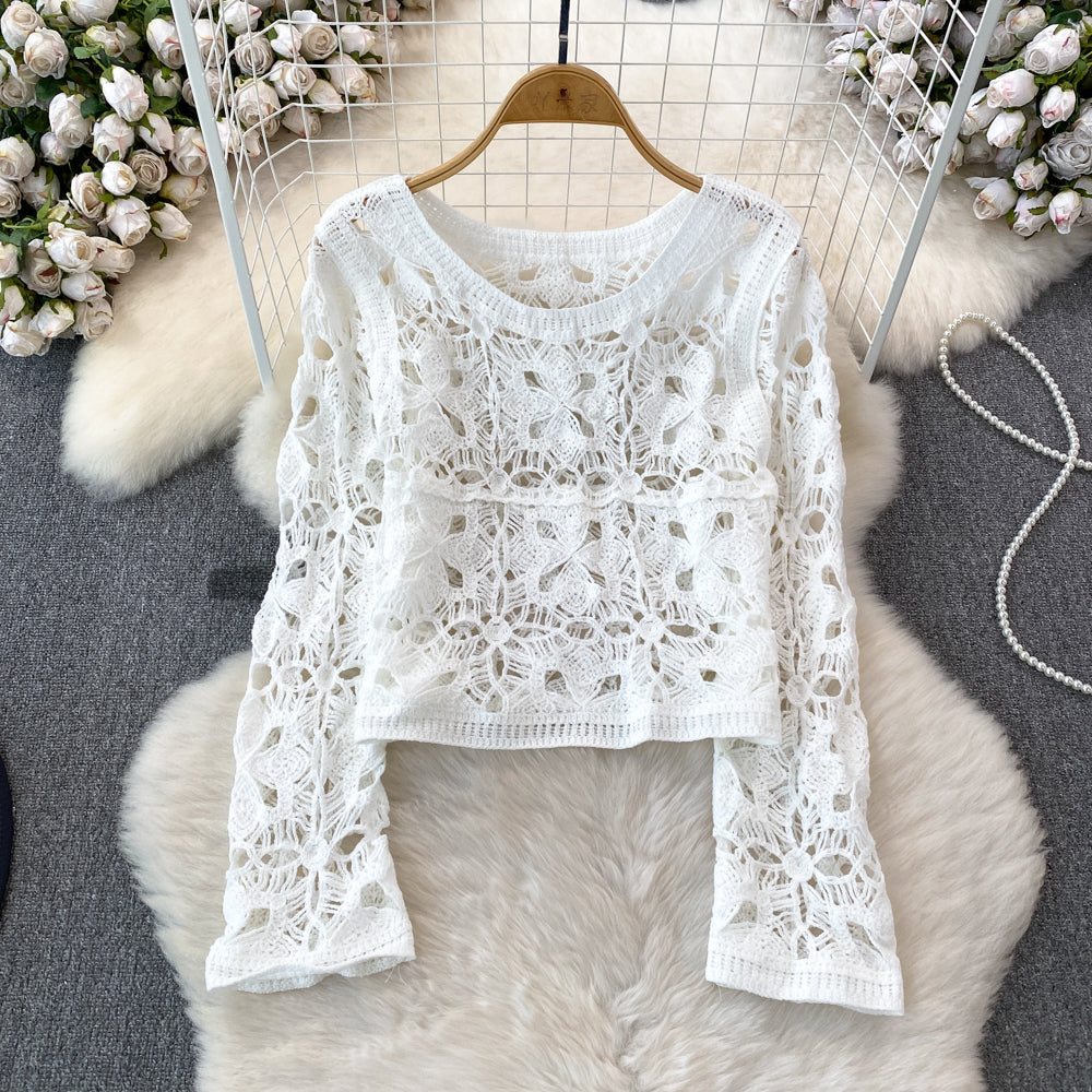 outfit inspo Long Sleeve Round Neck Hollow-out Crocheted Sweet Sweater Korean Style round Neck Fashion Casual Seaside Vacation Long Sleeve Top for Women