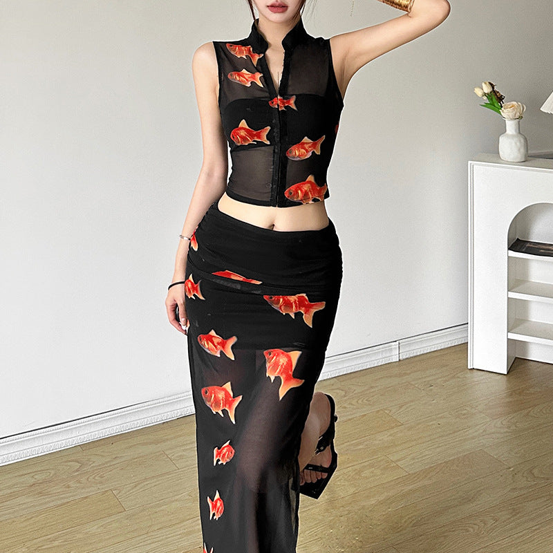 dti outfits 2024 Style Summer New Women's Solid Color Slim Sleeveless Top Fashion Low Waist Skirt Suit