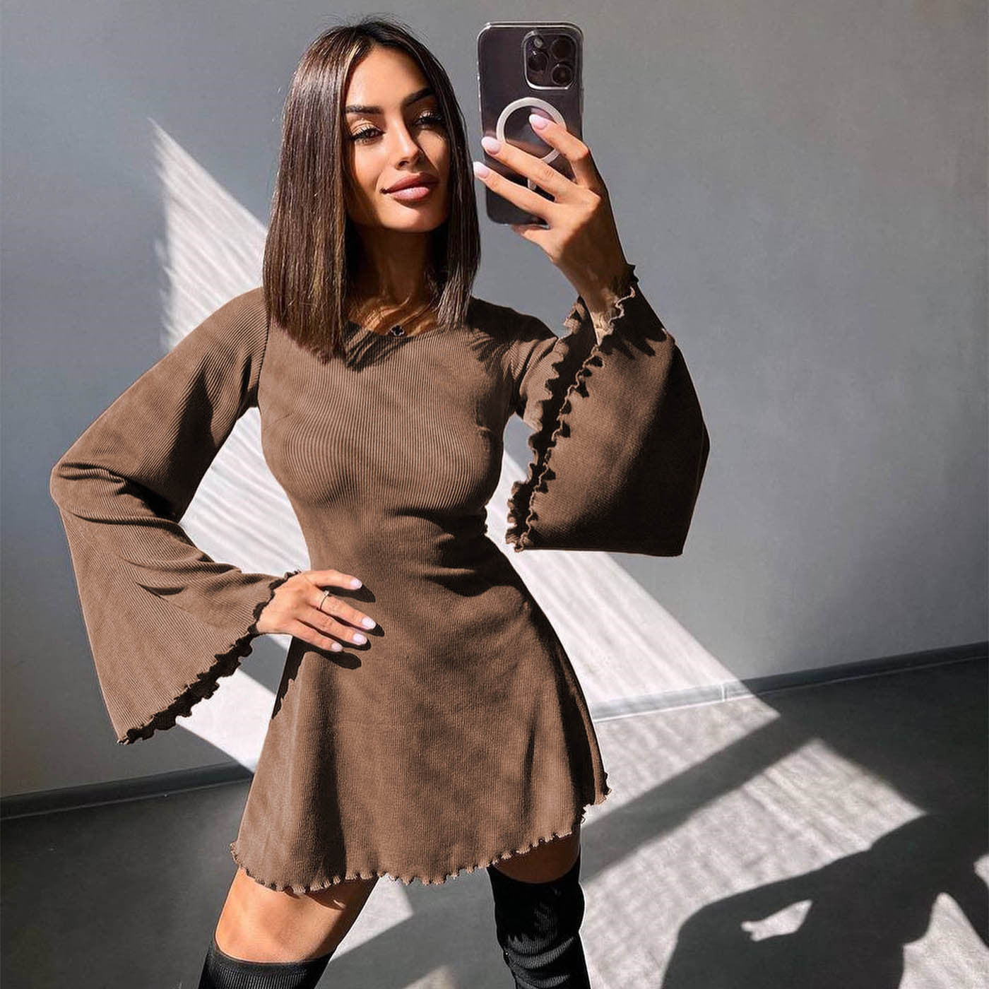 outfit inspo New Sexy Long Sleeve round Neck Dress Women's Autumn and Winter Solid Color Bell Sleeve Hollow Strap A- line Short Skirt for Women