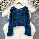 outfit inspo Long Sleeve Round Neck Hollow-out Crocheted Sweet Sweater Korean Style round Neck Fashion Casual Seaside Vacation Long Sleeve Top for Women