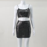 dti outfits Women's Super Shiny Sequined Tube Top Strap Hot Girl Suit Skirt Navel Sexy Two-Piece Suit