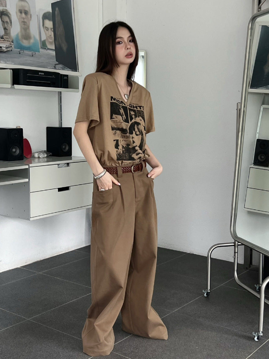 suede jacket outfit   Fish Fashionable Retro High Street Suit Pants Loose Wide Leg Lazy Straight Casual Pants  