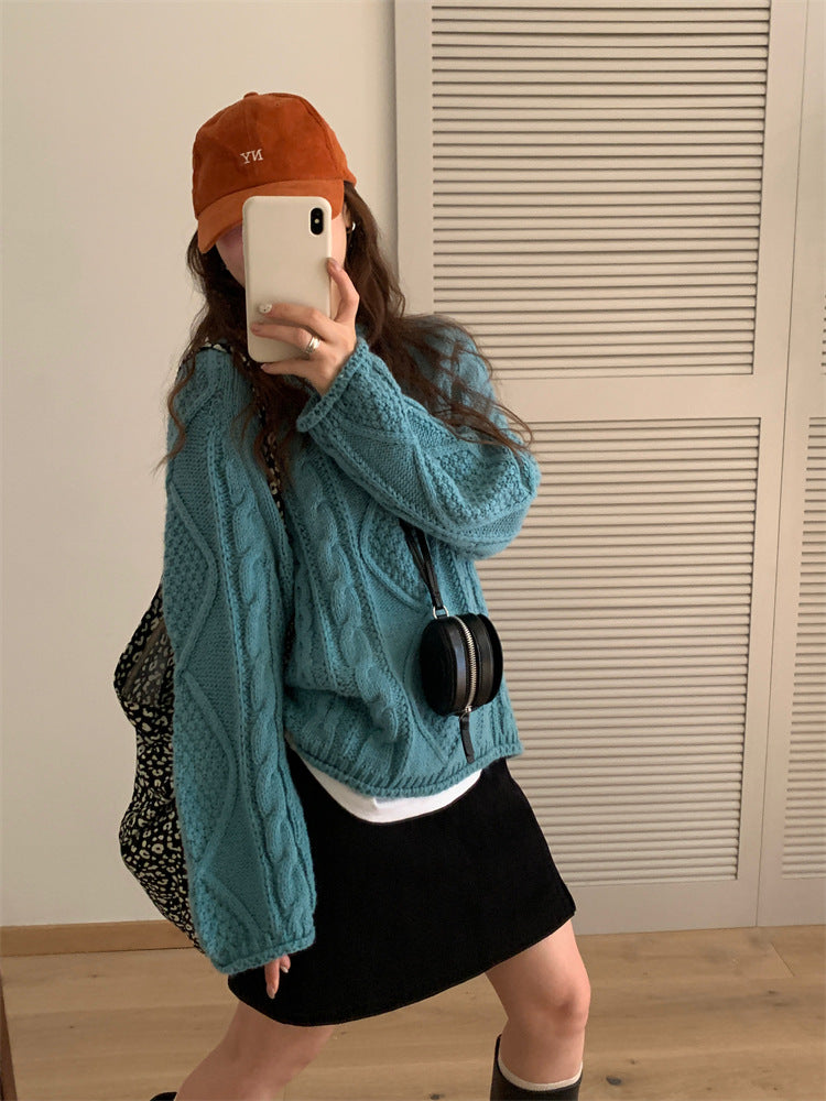 outfit inspo fall  Korean Style Retro Winter New Hemming Knitted Women's round Neck Twist Loose Lazy Style Pullover Sweater