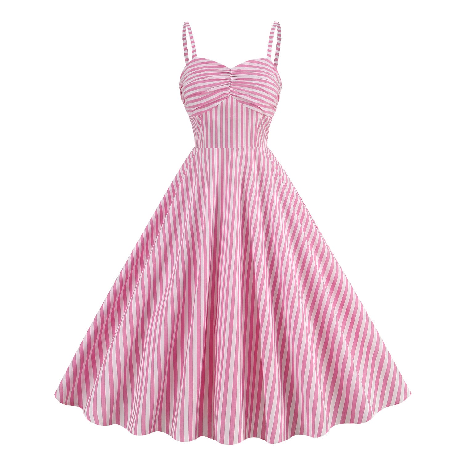 cybergoth dress to impress  Hepburn Style Retro Fresh Holiday Barbie Pink Plaid Striped Sling High Waist Mid-Length Dress Cotton