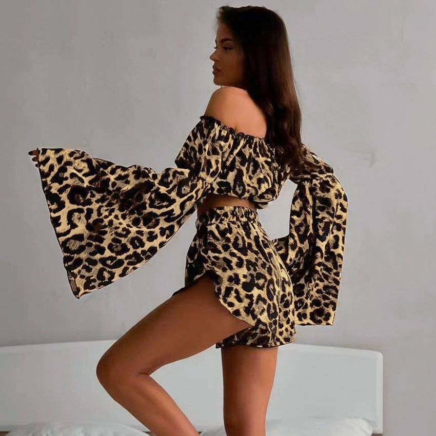 outfit ideas 2024 Summer New Leopard Print Sexy Printed Pajamas Women's Long-Sleeved off-Shoulder Shorts Two-Piece Home Wear