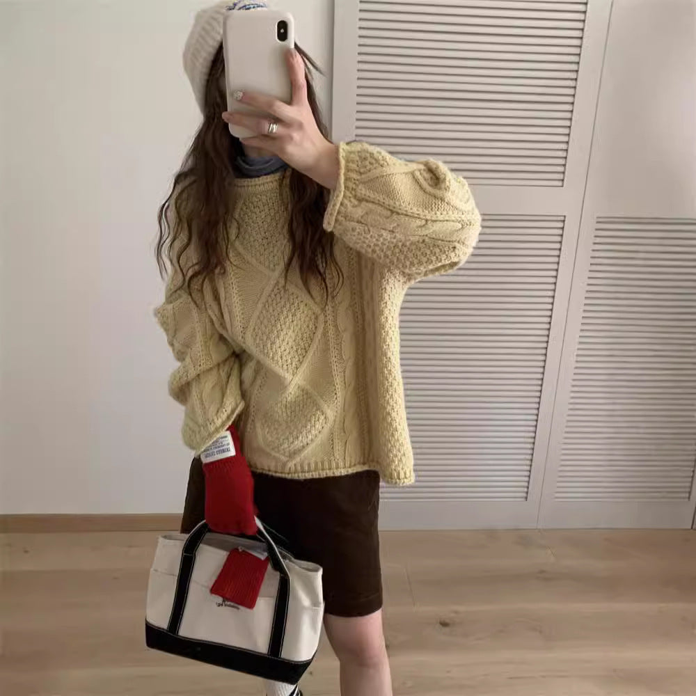 outfit inspo fall  Korean Style Retro Winter New Hemming Knitted Women's round Neck Twist Loose Lazy Style Pullover Sweater