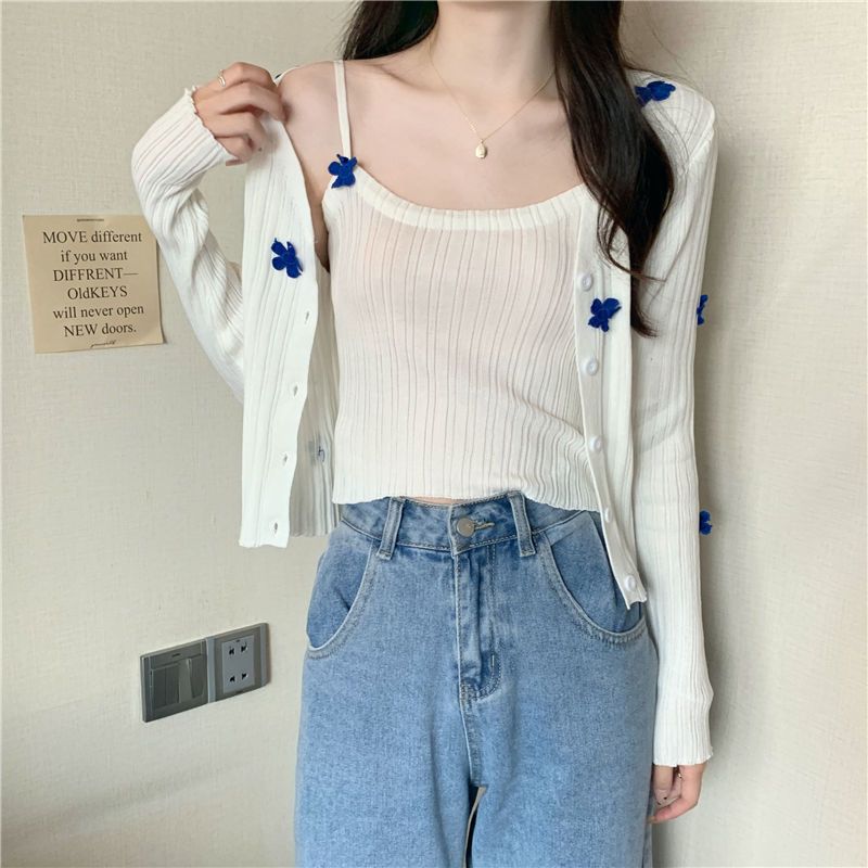 2000s fashion Korean Style Sweet Fresh Flower Pit Sweater Autumn New Lady Strap Cardigan Coat Slimming Trendy