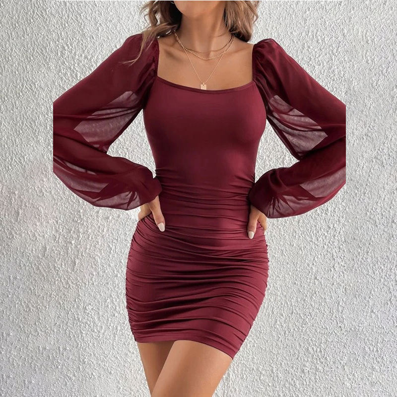 jester dress to impress Square Collar Sexy Elegant Hip Skirt Women's Mesh Stitching Long Sleeve Pleated Slim Fit Dress Women