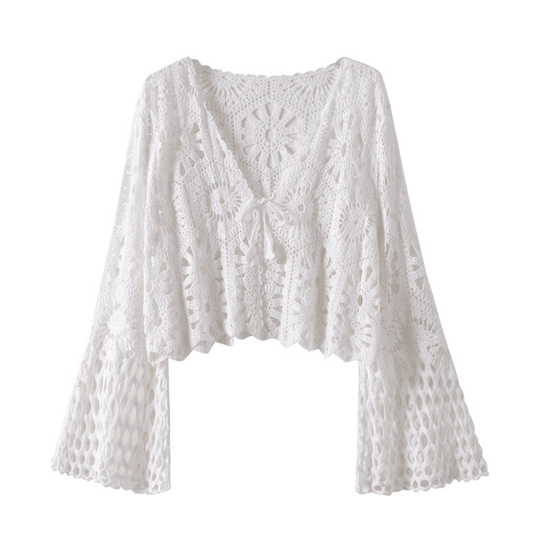 outfit inspo Bohemian Ethnic Style Hollow-out Crocheted Thin Long-Sleeved Knitted Cardigan Women's Summer Lace-up Top   